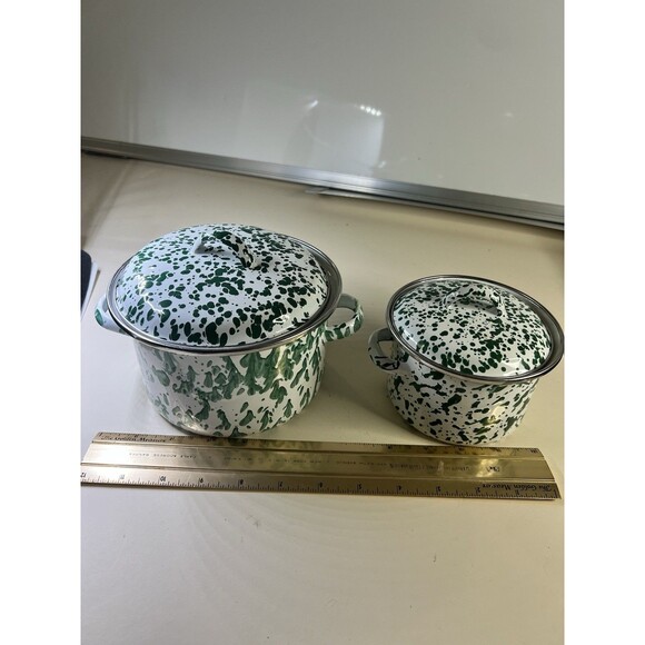 Green White Splatter Granitewear Enamelware Pots with Lids Set of 2 VTG 5-6 In - Picture 7 of 9